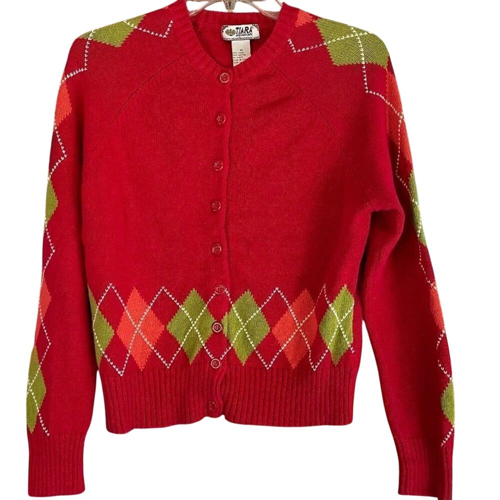 Tiara International 2005 t Argyle Print Cardigan Sweater Medium Y2K Academia